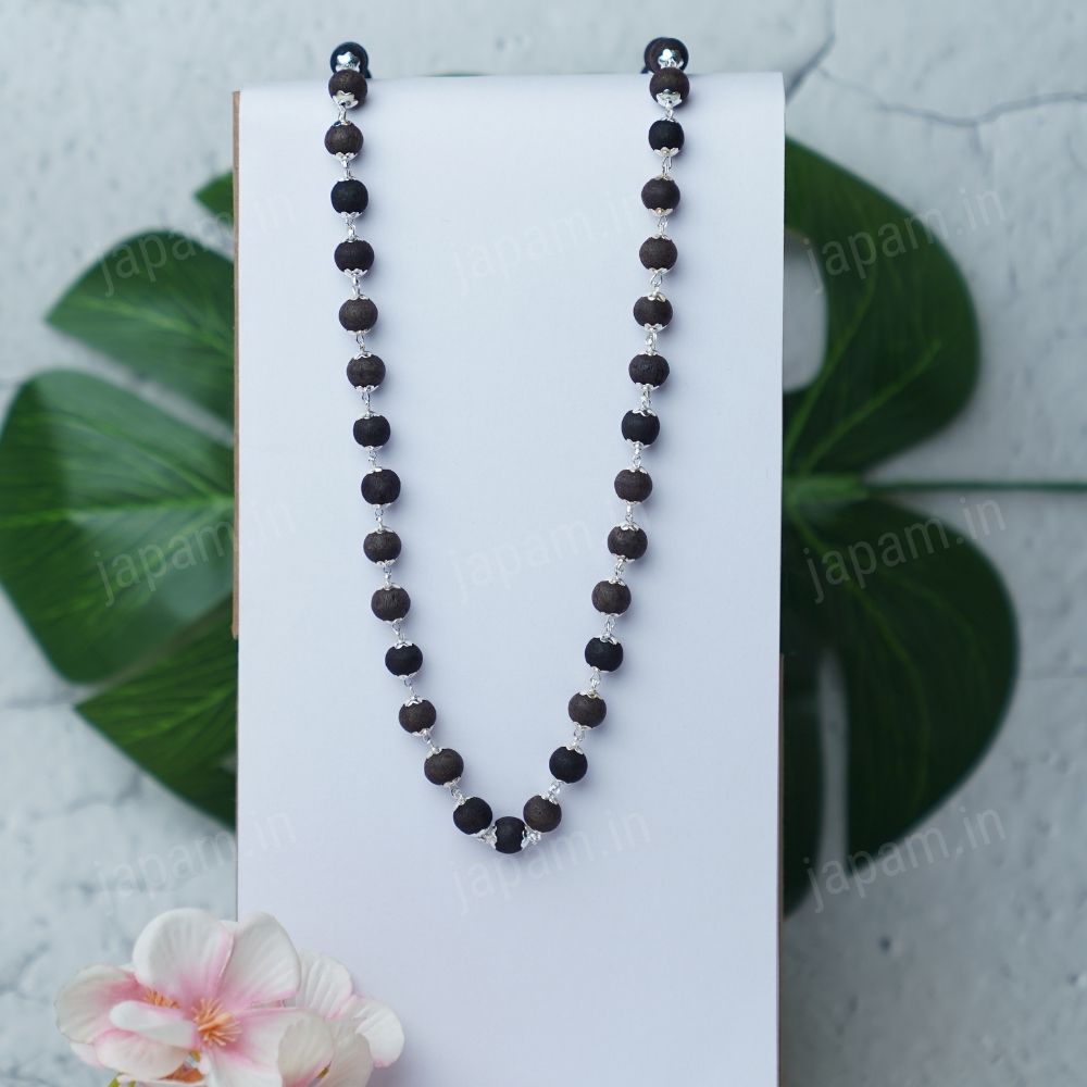 Karungali_Mala_4_5bd3a139-f92d-49f7-9566-e99885e1089d.jpg Silver Plated Eternal Karungali Mala - Natural Ebony Wood (Govt. Certified) - Image 1