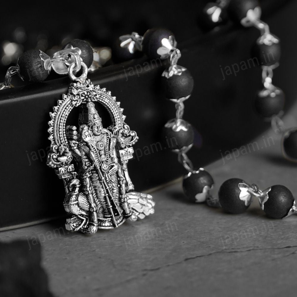 Karungali_Murugan_Mala.jpg Silver Plated Karungali Necklace with Murugan Pendant - Image 1