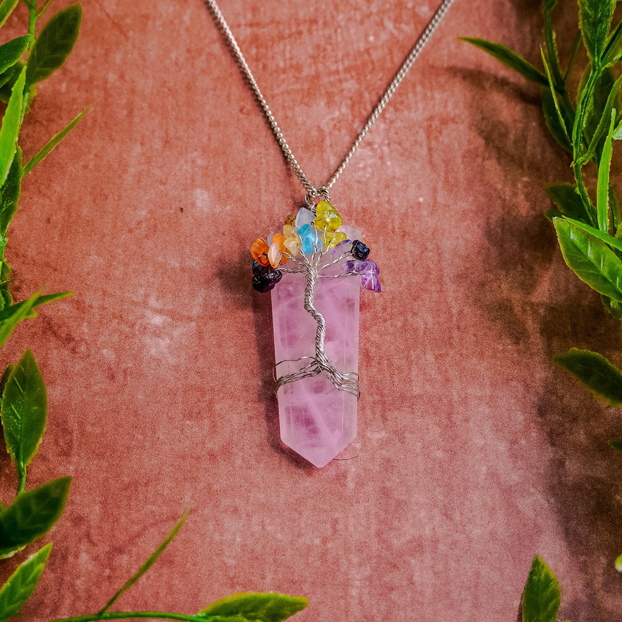 Silver_Plated_Rose_Quartz_7_Chakra_Necklace.jpg Silver Plated Rose Quartz 7 Chakra Necklace - Image 1